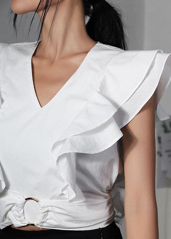 White V Neck Ruffleszippered Summer Top