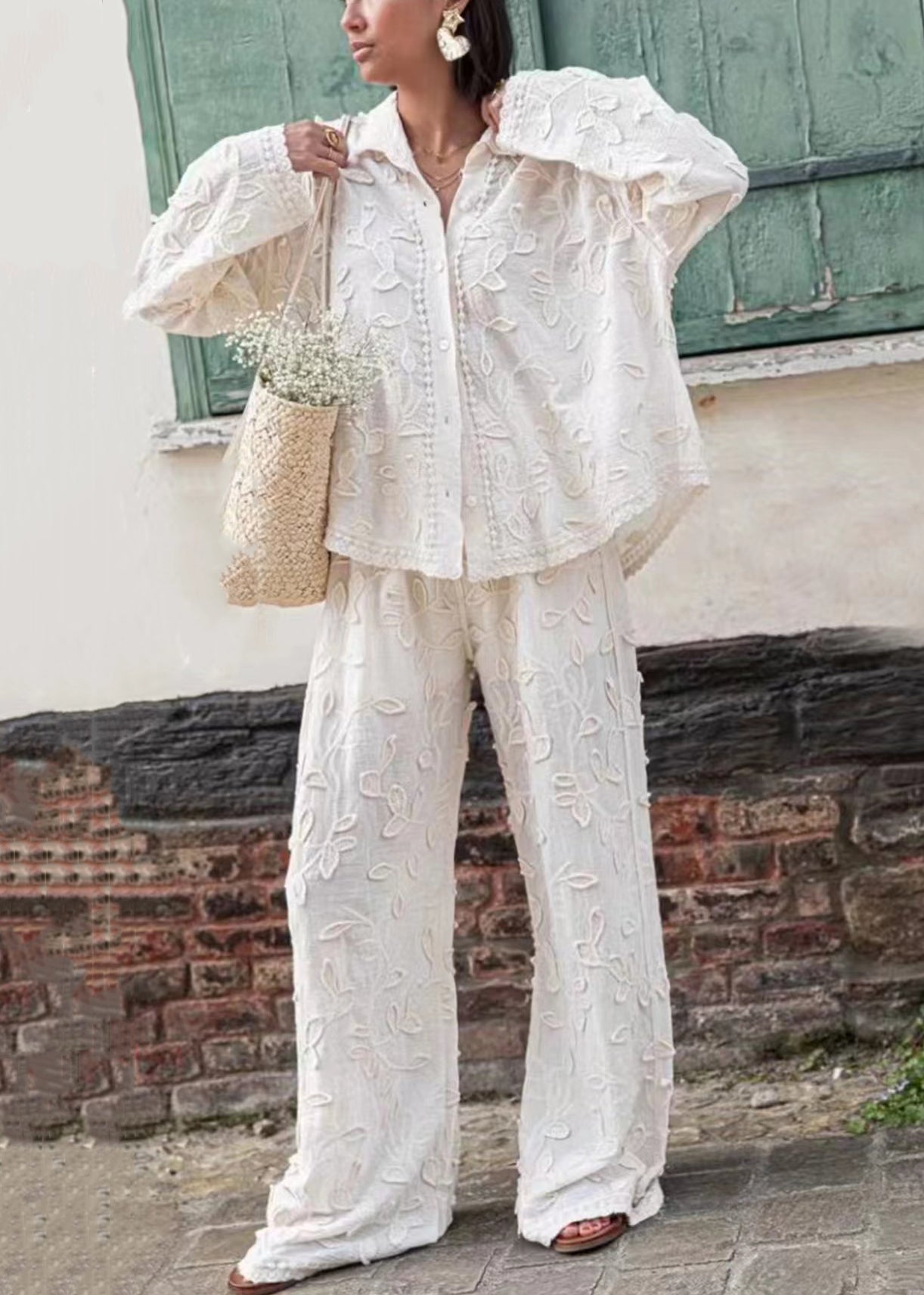 Jacquard White Button Cotton Shirts and Pants Sets 2 Pieces Long Sleeve