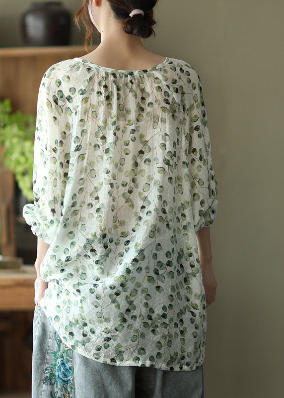Stylish Green V Neck Print Fall Tops Long Sleeve