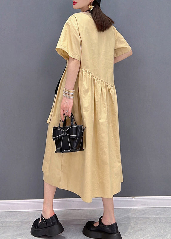 Italian Khaki O-neck Button Pockets Patchwork Wrinkled Dress Short Sleeve