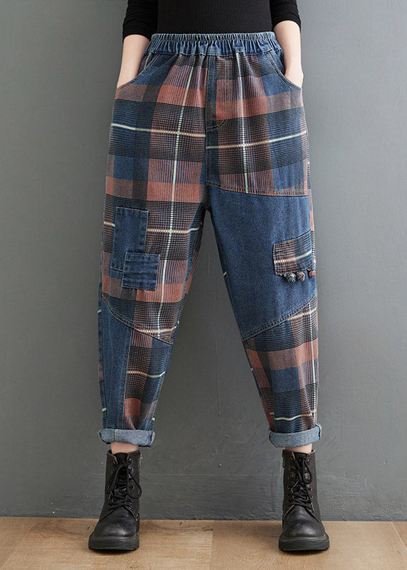 Style Blue Plaid Pockets Elastic Waist Patchwork Denim Pants Spring