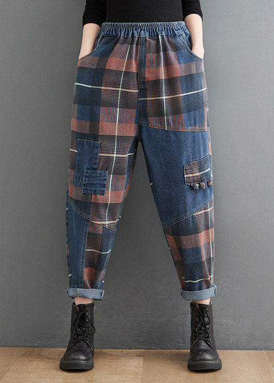 Style Blue Plaid Pockets Elastic Waist Patchwork Denim Pants Spring