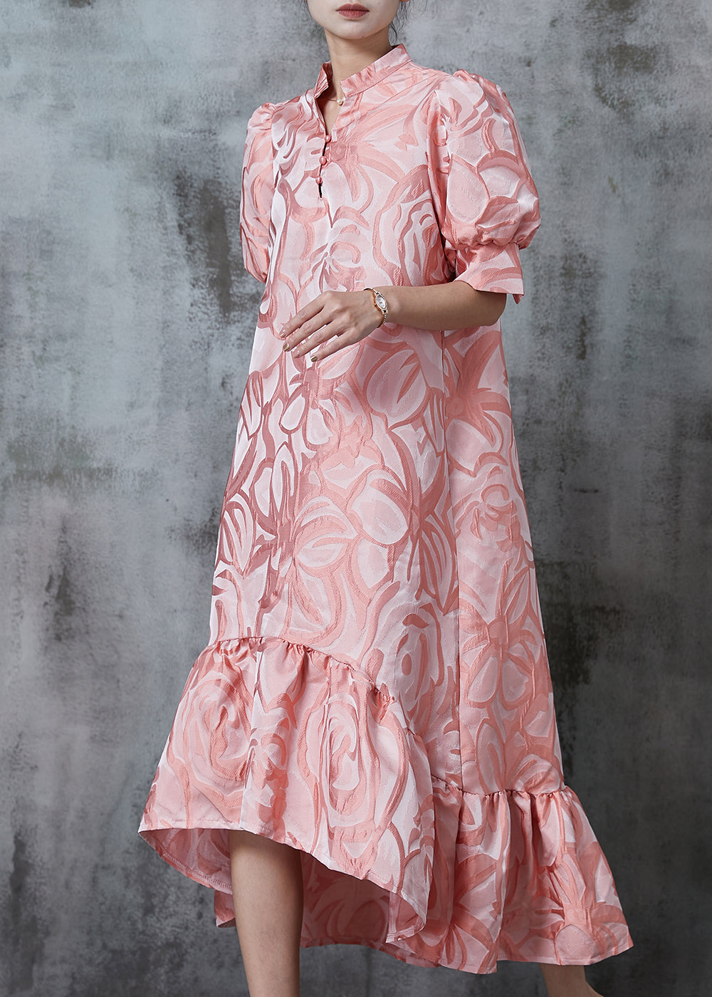 Pink Stand Collar Jacquard Silk Robe Dresses Summer
