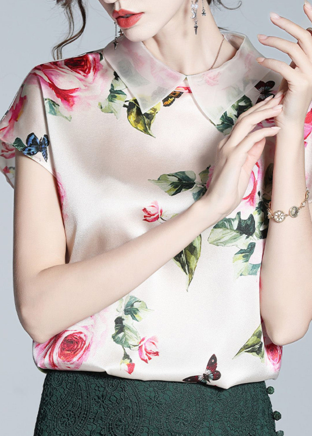 Italian Pink Peter Pan Collar Print Silk Tops Short Sleeve Summer