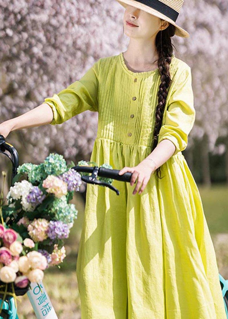 Classy Grass Green Cinched Button Summer Linen Dress