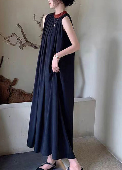 French Black O-neck Wrinkled Cotton Dresses Sleeveless