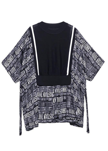 Black Patchwork Graphic Tie Waist Blouse Tops Summer
