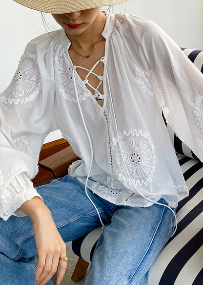White Embroidered Hollow Out Lace Up Cotton Blouses Spring