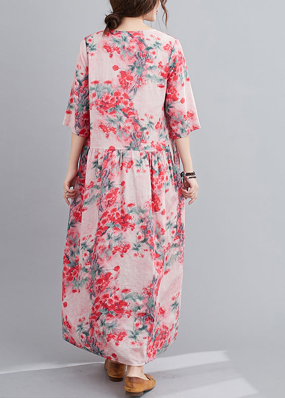 Original Design Red O-neck Print Linen Loose Dress Half Sleeve