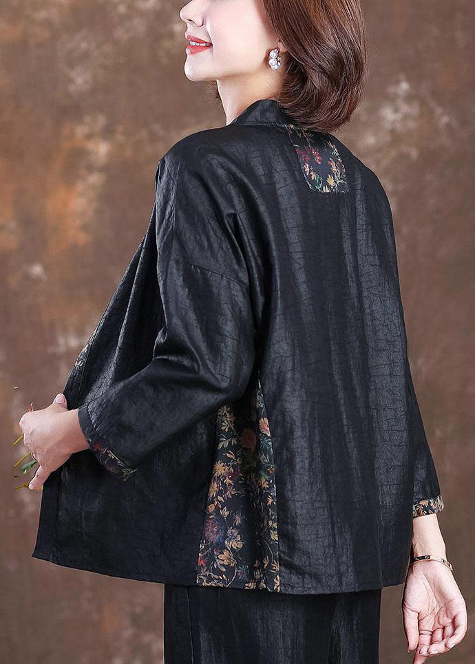 Black Stand Collar Wrinkled Patchwork Silk Coats Bracelet Sleeve