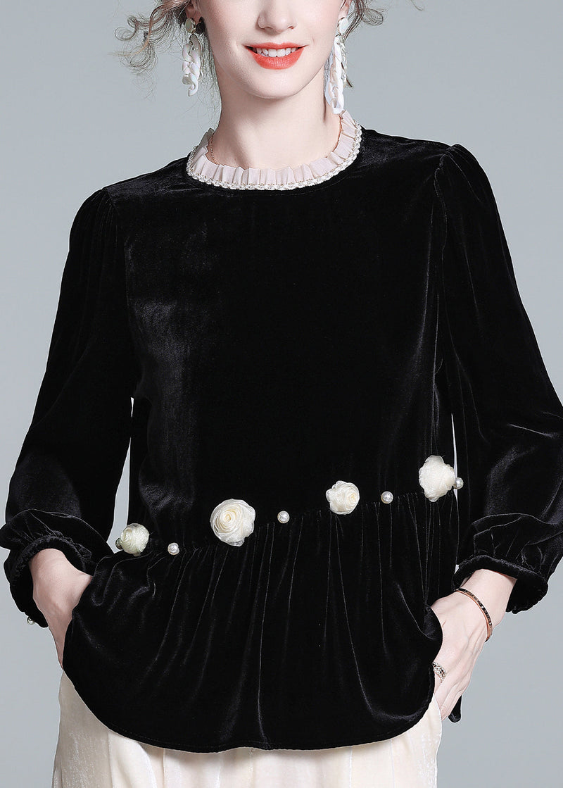 French Black O-neck Wrinkled Silk Velour Top Lantern Sleeve