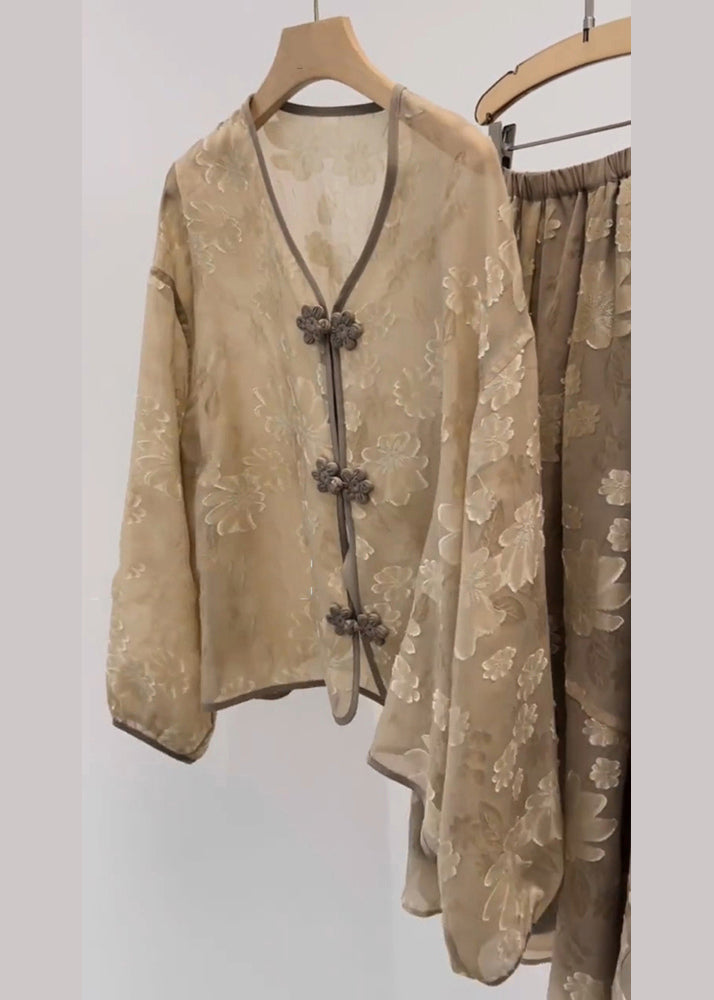 Khaki V Neck Print Chinese Button Silk Sets 2 Pieces Fall