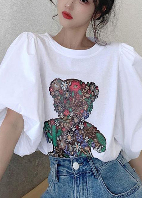 White Bear Print Cotton Tank Tops Puff Sleeve Summer