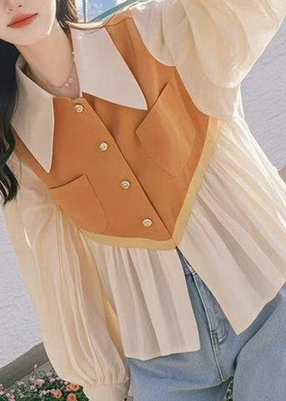 Peter Pan Collar False Two Pieces Patchwork Cotton Shirt Fall