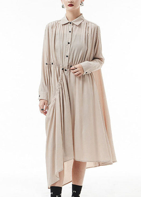 Apricot Chiffon Shirt Dress Wrinkled Asymmetrical Spring