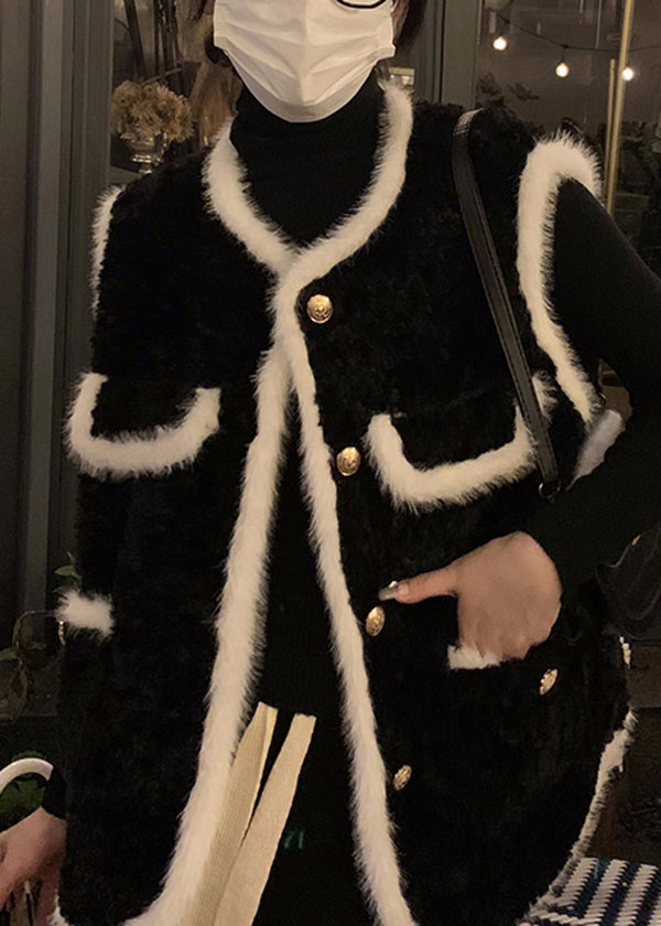 Fitted Black O-neck Pockets Patchwork Faux Fur Vest Sleeveless