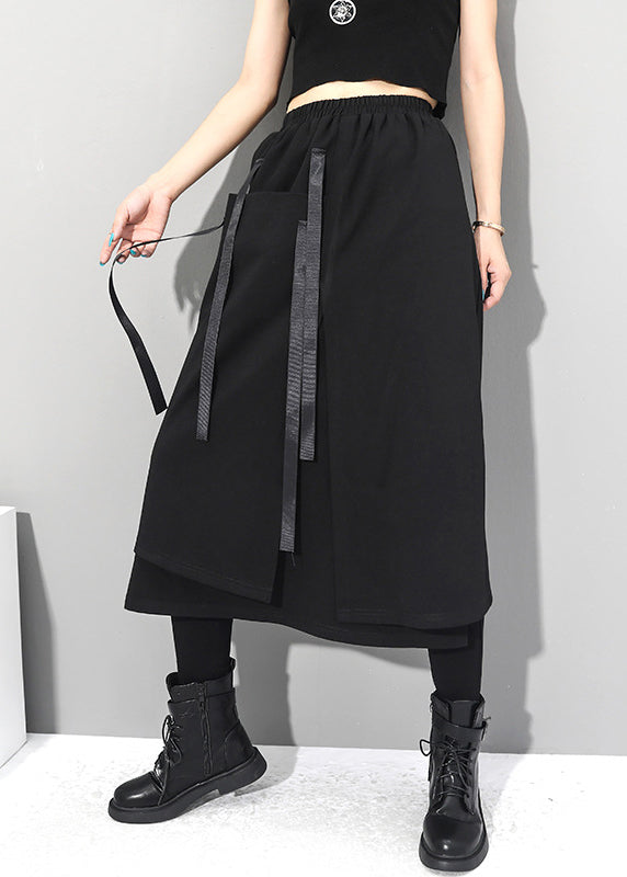 Black Asymmetrical Patchwork Pockets Elastic Waist Skirts Fall