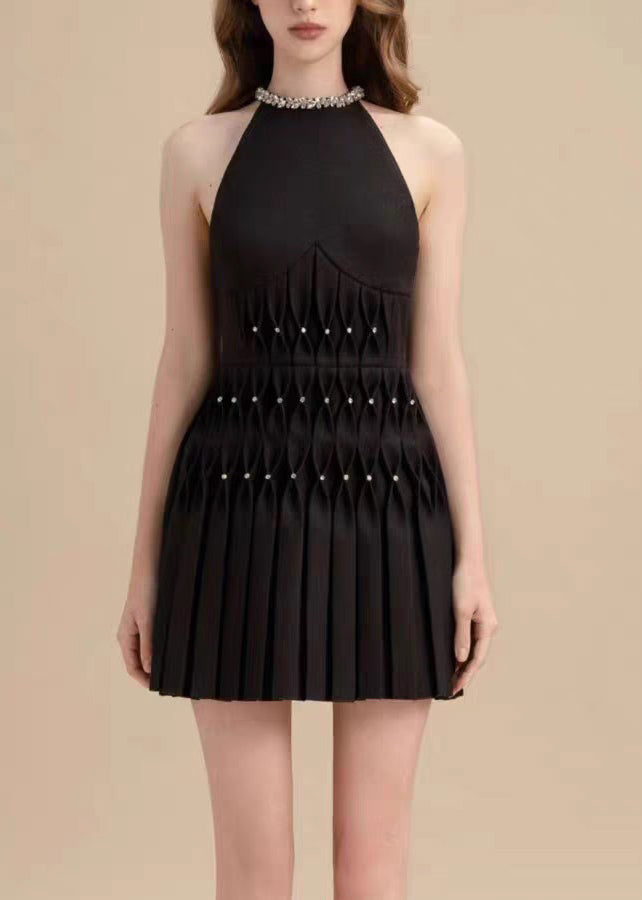 Black Zircon Pearl Cotton Pleated Dresses Sleeveless