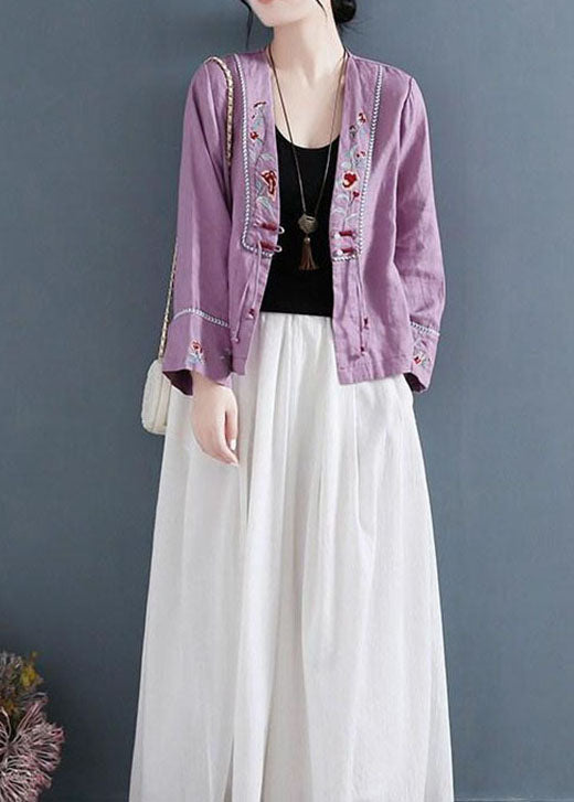 Diy Purple V Neck Embroideried Patchwork Shirts Long Sleeve