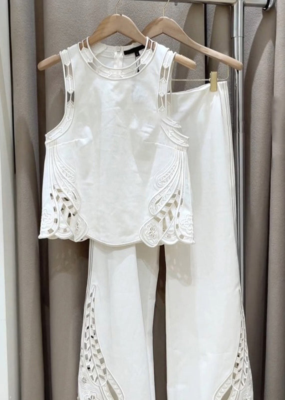 New White Zippered Hollow Out Cotton Two Pieces Set Sleeveless