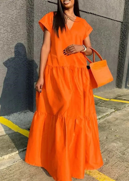 Orange V Neck Patchwork Long Dress Summer