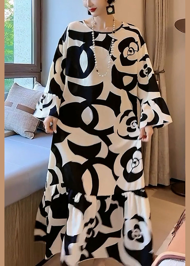 And Lazy Style Black and White Contrast Large Flower Pattern Satin Texture Dress Flare Sleeve