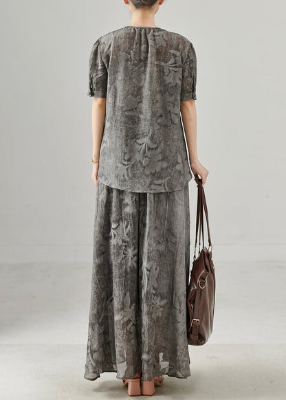 Grey Print Wrinkled Chiffon Two Pieces Set Summer