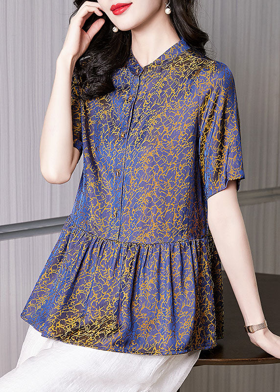 Purple Stand Collar Wrinkled Patchwork Chiffon Blouses Summer