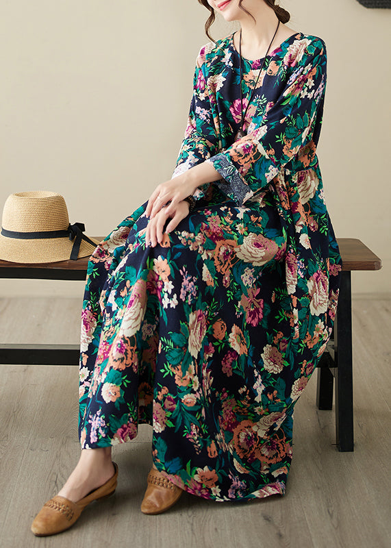 Red O-neck Print Patchwork Long Dress Long Sleeve