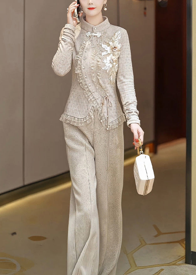 Light Khaki Asymmetrical Ruffled Cotton Two-piece Set Long Sleeve