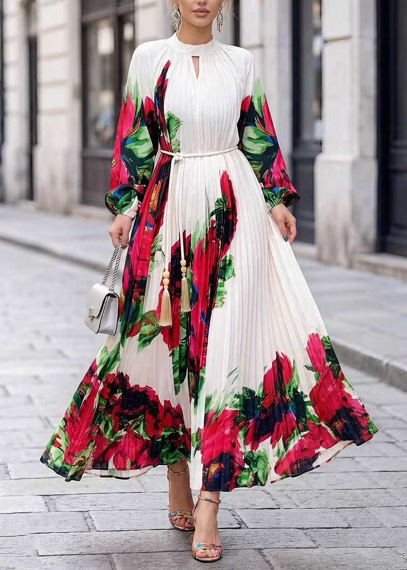 White O Neck Print Chiffon Maxi Dresses Spring