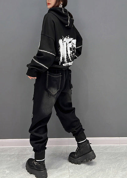 Organic Black Alphabet Print Drawstring Hooded Top and Pants Two Pieces Set Spring