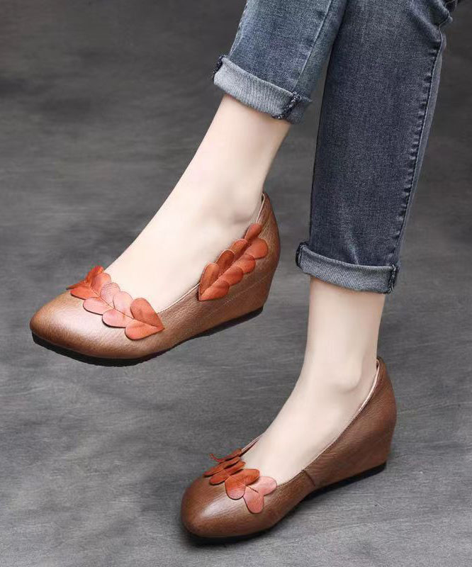 Handmade Retro Brown Wedge Heels Cowhide Leather Splicing