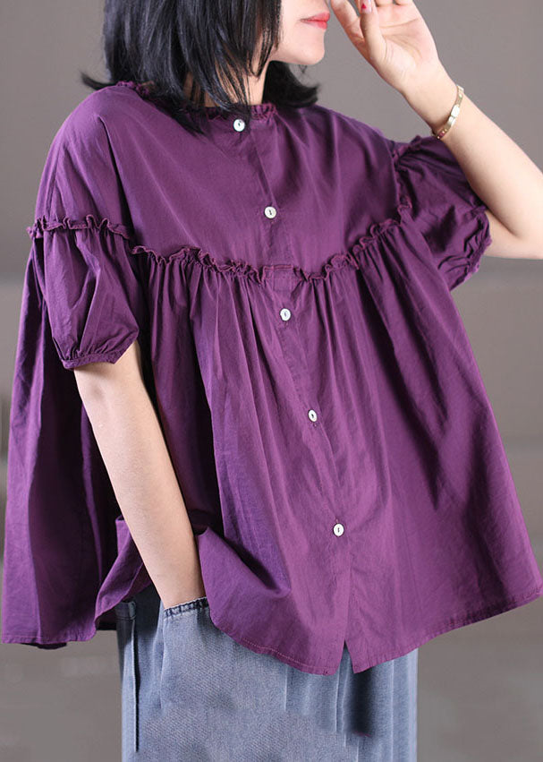 Classy Purple Ruffled Wrinkled Patchwork Button Cotton Shirt Top Short Sleeve