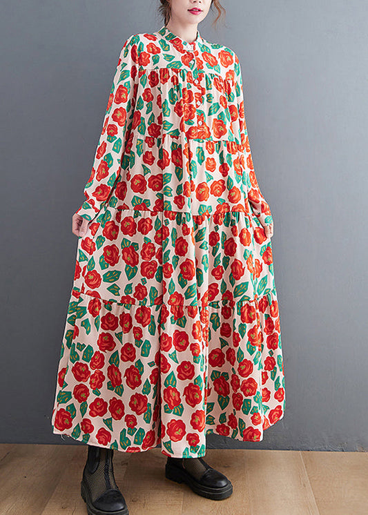 Red Button Stand Collar Shirt Dresses Long Sleeve