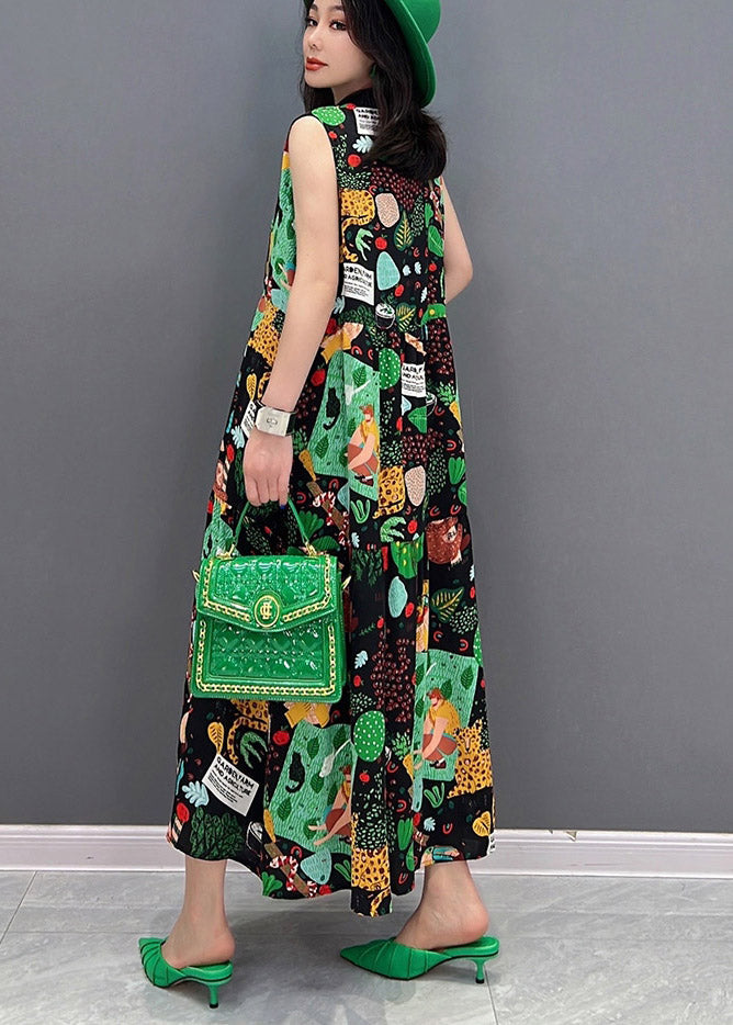 O-neck Print Button Pockets Long Dress Sleeveless
