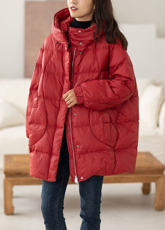 Classy Red Hooded Oversized Drawstring Cotton Blend Down Coat Winter