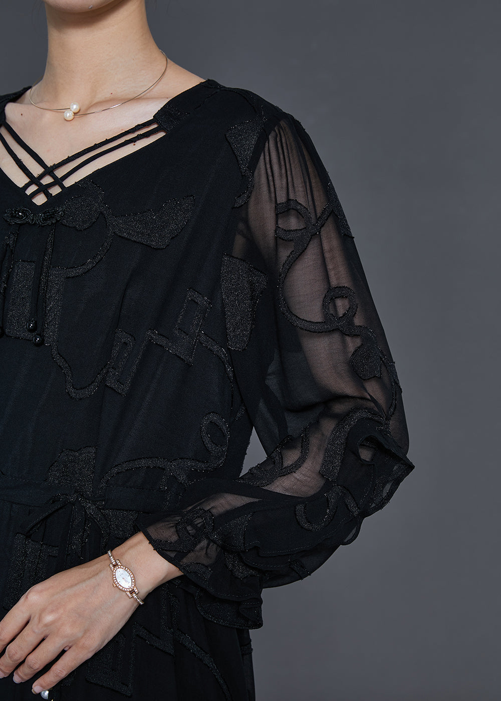 Modern Black Jacquard Tasseled Silk Maxi Dresses Spring