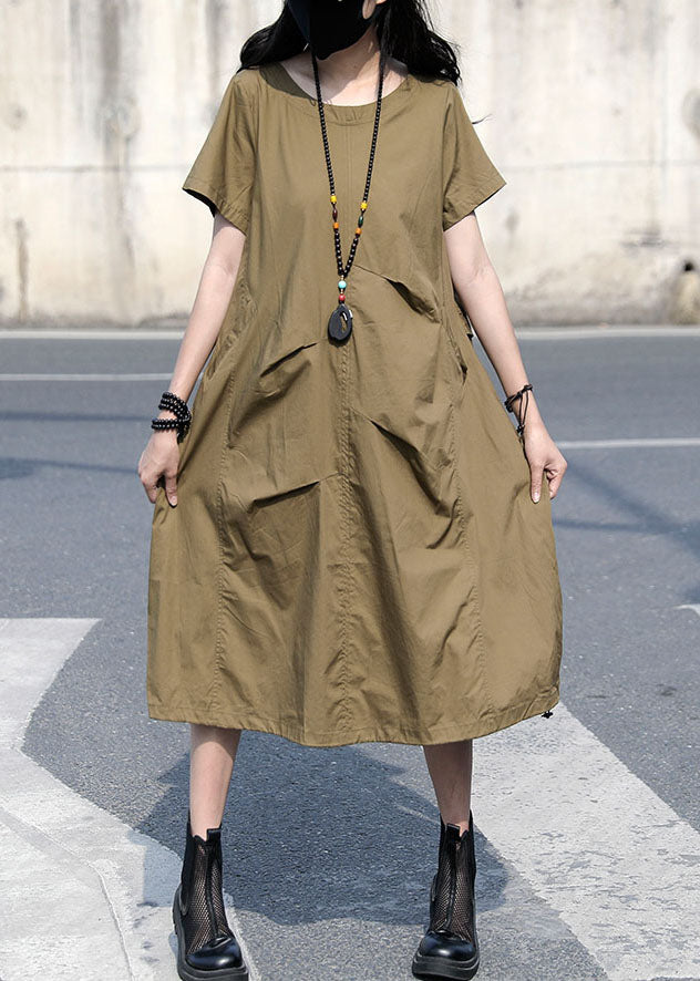 Khaki O Neck Ruffled Patchwork Cotton Dress Summer