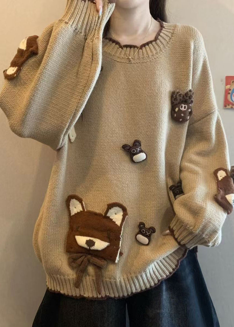 Khaki O Neck Cartoon Knit Sweaters Winter