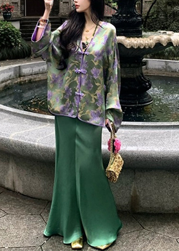 Chinese Style Peacock Blue V Neck Print Silk Shirts and Wide Skirt Two Pieces Set Spring