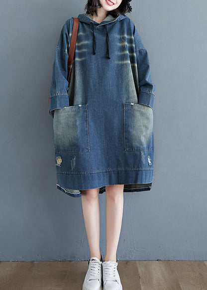 Blue Drawstring Hooded Pocket Denim Dress Long Sleeve