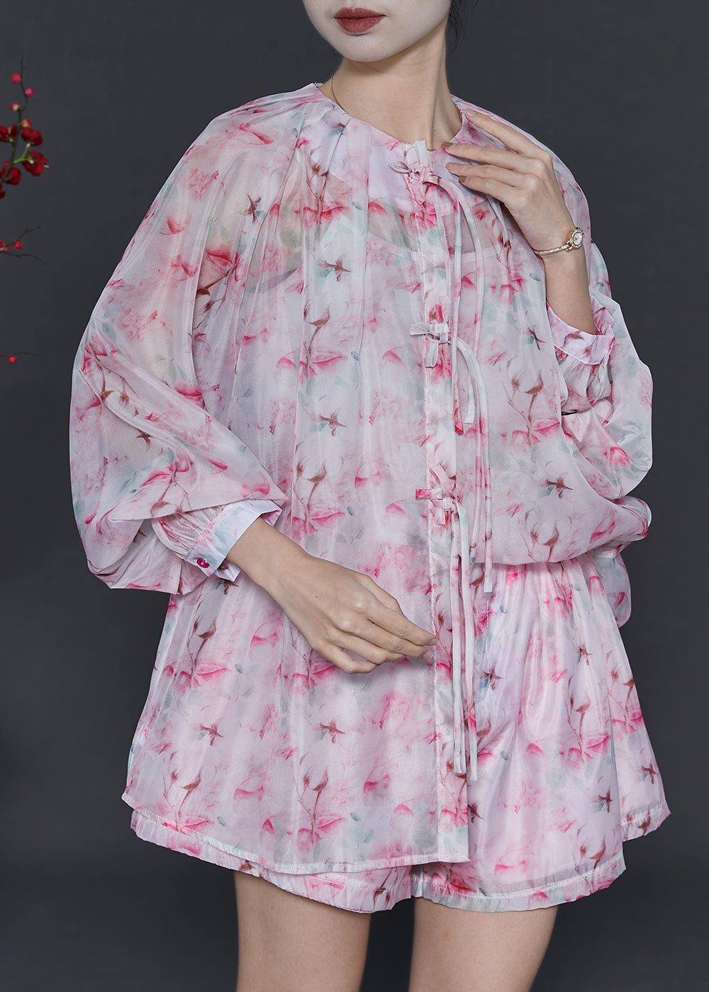 Pink Tasseled Print Chiffon Two Pieces Set Summer