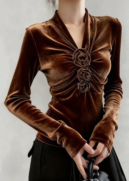 Coffee V Neck Wrinkled Silk Velour T Shirt Winter