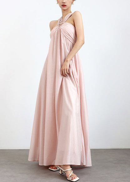 Pink Cold Shoulder Pearl Cotton Maxi Dresses Sleeveless