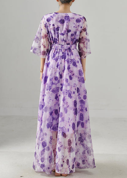 Purple Print Exra Large Hem Chiffon Long Dresses Summer