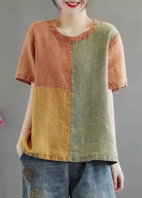 Khaki O Neck Patchwork Cotton Top Short Sleeve