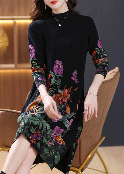Black Turtleneck Print Wool Knit Dress Long Sleeve