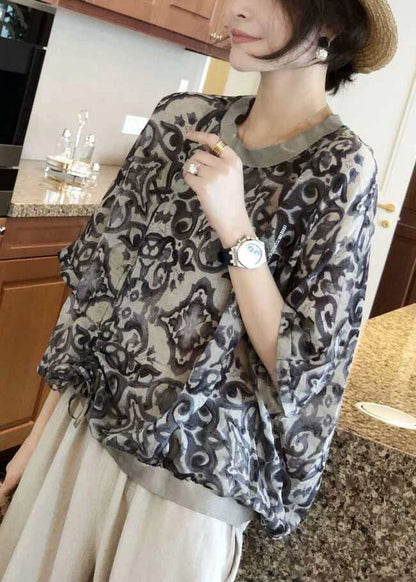 Red O-neck Print Chiffon Top Long Sleeve