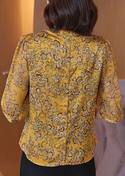 Yellow V Neck Ribbon Print Chiffon Shirt Half Sleeve